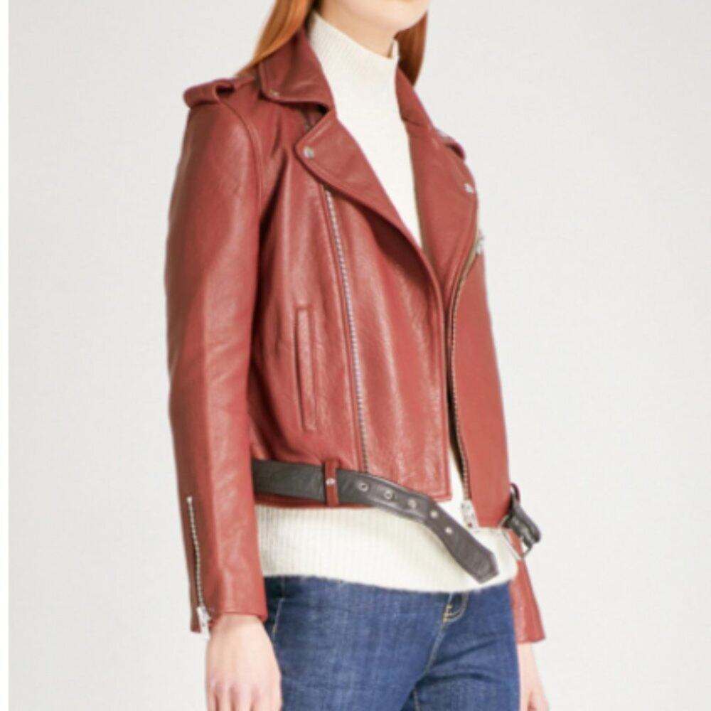 Maje Red Lamb Leather Biker Jacket